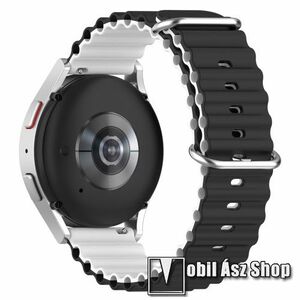 Okosóra szíj - szilikon, csőszerkezetes struktúra, rugalmas, csatos - FEKETE / FEHÉR - 131+91mm hosszú, 20mm széles - SAMSUNG Galaxy Watch 42mm / Amazfit GTS / Galaxy Watch3 41mm / HUAWEI Watch GT 2 42mm / Galaxy Watch Active / Active 2 kép
