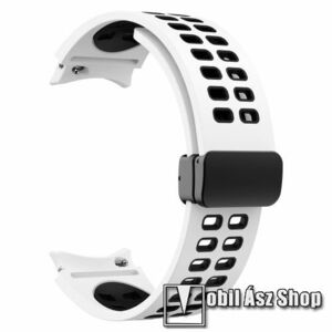 Okosóra D-gyűrűs szíj - FEHÉR / FEKETE - légáteresztő, szilikon, speciális csatos - 130+90mm hosszú, 20mm széles - SAMSUNG Galaxy Watch4 Classic 46mm / 42mm / Watch4 44mm / 40mm / Watch5 44mm / 40mm / Watch5 Pro kép