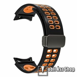 Okosóra D-gyűrűs szíj - FEKETE / NARANCS - légáteresztő, szilikon, speciális csatos - 130+90mm hosszú, 20mm széles - SAMSUNG Galaxy Watch4 Classic 46mm / 42mm / Watch4 44mm / 40mm / Watch5 44mm / 40mm / Watch5 Pro kép