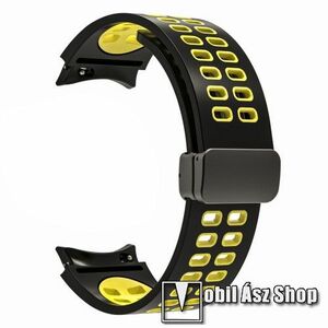 Okosóra D-gyűrűs szíj - FEKETE / SÁRGA - légáteresztő, szilikon, speciális csatos - 130+90mm hosszú, 20mm széles - SAMSUNG Galaxy Watch4 Classic 46mm / 42mm / Watch4 44mm / 40mm / Watch5 44mm / 40mm / Watch5 Pro kép