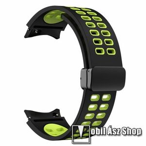 Okosóra D-gyűrűs szíj - FEKETE / ZÖLD - légáteresztő, szilikon, speciális csatos - 130+90mm hosszú, 20mm széles - SAMSUNG Galaxy Watch4 Classic 46mm / 42mm / Watch4 44mm / 40mm / Watch5 44mm / 40mm / Watch5 Pro kép