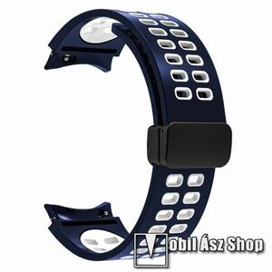 Okosóra D-gyűrűs szíj - SÖTÉTKÉK / FEHÉR - légáteresztő, szilikon, speciális csatos - 130+90mm hosszú, 20mm széles - SAMSUNG Galaxy Watch4 Classic 46mm / 42mm / Watch4 44mm / 40mm / Watch5 44mm / 40mm / Watch5 Pro kép