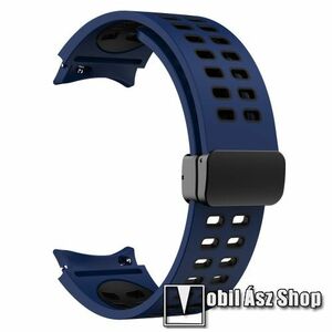 Okosóra D-gyűrűs szíj - SÖTÉTKÉK / FEKETE - légáteresztő, szilikon, speciális csatos - 130+90mm hosszú, 20mm széles - SAMSUNG Galaxy Watch4 Classic 46mm / 42mm / Watch4 44mm / 40mm / Watch5 44mm / 40mm / Watch5 Pro kép