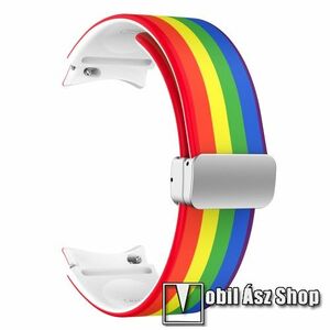 Okosóra D-gyűrűs szíj - SZÍNES CSÍKOS MINTÁS - szilikon, speciális csatos - 130+90mm hosszú, 20mm széles - SAMSUNG Galaxy Watch4 Classic 46mm / 42mm / Watch4 44mm / 40mm / Watch5 44mm / 40mm / Watch5 Pro kép