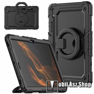 Műanyag védő tok / hátlap - 3 rétegből áll, szilikon betétes, kitámasztható, 360°-ban forgatható hordozó gyűrű, állítható vállpánt, erősített sarkok - ERŐS VÉDELEM! - FEKETE - SAMSUNG Galaxy Tab S7 Plus / Tab S7 FE / Tab S7 FE 5G / Tab S8 Plus kép