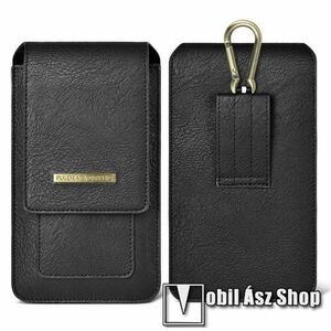 PULOKA UNIVERZÁLIS álló tok - PU bőr, övre fűzhető, mágnes záródás, karabiner, bársony bélés, bankkártyatartó zsebek - max 195 x 110 x 15mm méretű készülékekig - FEKETE kép