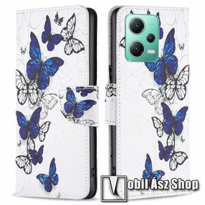Notesz / mappa tok - KÉK / FEHÉR PILLANGÓ MINTÁS - oldalra nyíló, rejtett mágneses záródás, bankkártyatartó zsebek, asztali tartó funkció, szilikon belső - Xiaomi Poco X5 / Redmi Note 12 5G kép