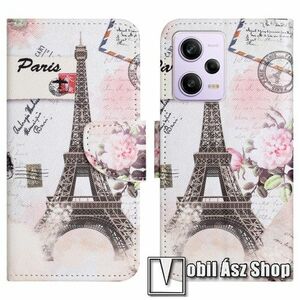 Notesz / mappa tok - EIFFEL TORONY MINTÁS - oldalra nyíló, rejtett mágneses záródás, bankkártyatartó zsebek, asztali tartó funkció, szilikon belső - Xiaomi Poco X5 / Redmi Note 12 5G kép