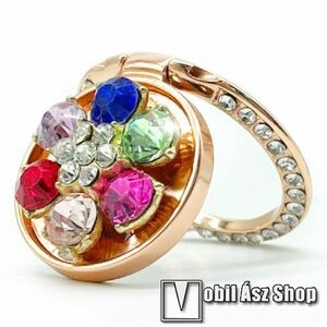 UNIVERZÁLIS fém ujjtámasz, gyűrű tartó - Biztos fogás készülékéhez, kitámasztható, strasszkővel díszített - ROSE GOLD VIRÁG MINTÁS kép