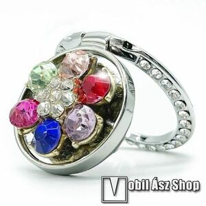 UNIVERZÁLIS fém ujjtámasz, gyűrű tartó - Biztos fogás készülékéhez, kitámasztható, strasszkővel díszített - EZÜST VIRÁG MINTÁS kép