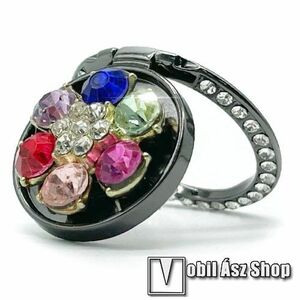 UNIVERZÁLIS fém ujjtámasz, gyűrű tartó - Biztos fogás készülékéhez, kitámasztható, strasszkővel díszített - FEKETE VIRÁG MINTÁS kép