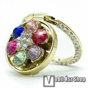 UNIVERZÁLIS fém ujjtámasz, gyűrű tartó - Biztos fogás készülékéhez, kitámasztható, strasszkővel díszített - ARANY VIRÁG MINTÁS kép