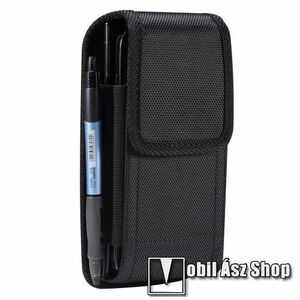 UNIVERZÁLIS álló tok - oxfordi szövet, övre fűzhető, övcsipesz, gumis, tépőzáras záródás, tolltartó, karabiner, dupla fakkos egyszerre 2 készülék tartható benne, 170 x 85 x 30mm - FEKETE kép