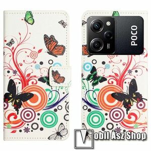 Notesz / mappa tok - PILLANGÓ / VIRÁG MINTÁS - oldalra nyíló, rejtett mágneses záródás, bankkártyatartó zsebek, asztali tartó funkció, szilikon belső - Xiaomi Poco X5 Pro / Redmi Note 12 Pro Speed kép