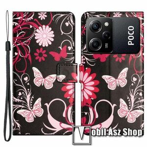 Notesz / mappa tok - PILLANGÓ / VIRÁG MINTÁS - oldalra nyíló, rejtett mágneses záródás, bankkártyatartó zsebek, asztali tartó funkció, szilikon belső - Xiaomi Poco X5 Pro / Redmi Note 12 Pro Speed kép