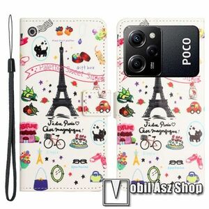 Notesz / mappa tok - EIFFEL TORONY MINTÁS - oldalra nyíló, rejtett mágneses záródás, bankkártyatartó zsebek, asztali tartó funkció, szilikon belső - Xiaomi Poco X5 Pro / Redmi Note 12 Pro Speed kép