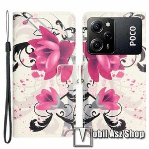 Notesz / mappa tok - LÓTUSZVIRÁG MINTÁS - oldalra nyíló, rejtett mágneses záródás, bankkártyatartó zsebek, asztali tartó funkció, szilikon belső - Xiaomi Poco X5 Pro / Redmi Note 12 Pro Speed kép