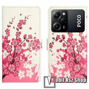 Notesz / mappa tok - VIRÁGZÓ FA MINTÁS - oldalra nyíló, rejtett mágneses záródás, bankkártyatartó zsebek, asztali tartó funkció, szilikon belső - Xiaomi Poco X5 Pro / Redmi Note 12 Pro Speed kép