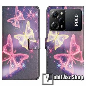 Notesz / mappa tok - LILA PILLANGÓ MINTÁS - oldalra nyíló, rejtett mágneses záródás, bankkártyatartó zsebek, asztali tartó funkció, szilikon belső - Xiaomi Poco X5 Pro / Redmi Note 12 Pro Speed kép
