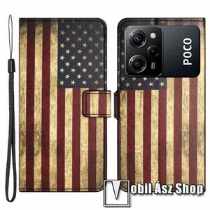 Notesz / mappa tok - USA ZÁSZLÓ MINTÁS - oldalra nyíló, rejtett mágneses záródás, bankkártyatartó zsebek, asztali tartó funkció, szilikon belső - Xiaomi Poco X5 Pro / Redmi Note 12 Pro Speed kép