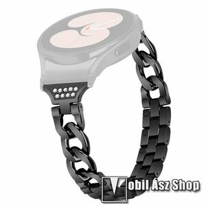 Okosóra szíj - FEKETE - rozsdamentes acél, strasszkővel díszített, keskeny kivitel, 140mm-től 203mm-ig állítható hosszúság - SAMSUNG Galaxy Watch5 44mm (SM-R915F) / Watch5 40mm (SM-R905F) / Watch5 Pro (SM-R925F) / Watch4 Classic 46mm (SM-R890) / Watch4 Cl kép