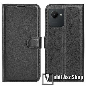 WALLET notesz tok / flip tok - FEKETE - asztali tartó funkciós, oldalra nyíló, rejtett mágneses záródás, bankkártyatartó zseb, szilikon belső - Realme C30 / Realme C30s / Narzo 50i Prime kép