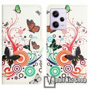 Notesz / mappa tok - SZÍNES PILLANGÓ / VIRÁG MINTÁS - oldalra nyíló, rejtett mágneses záródás, belső zseb, asztali tartó funkció, szilikon belső - Xiaomi Poco X5 Pro / Redmi Note 12 Pro Speed / Redmi Note 12 Pro 5G kép
