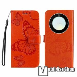 Notesz / mappa tok - GRAVÍROZOTT PILLANGÓ MINTÁS - NARANCSSÁRGA - oldalra nyíló, rejtett mágneses záródás, belső zseb, asztali tartó funkció, szilikon belső - HUAWEI Honor X40 / Honor X9a / Honor Magic5 Lite kép