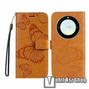 Notesz / mappa tok - GRAVÍROZOTT PILLANGÓ MINTÁS - SÁRGA - oldalra nyíló, rejtett mágneses záródás, belső zseb, asztali tartó funkció, szilikon belső - HUAWEI Honor X40 / Honor X9a / Honor Magic5 Lite kép
