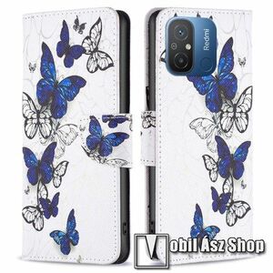 Notesz / mappa tok - KÉK / FEHÉR PILLANGÓ MINTÁS - oldalra nyíló, rejtett mágneses záródás, bankkártyatartó zsebek, asztali tartó funkció, szilikon belső - Xiaomi Redmi 12C / Redmi 11A / Poco C55 kép