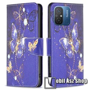 Notesz / mappa tok - LILA PILLANGÓ MINTÁS - oldalra nyíló, rejtett mágneses záródás, bankkártyatartó zsebek, asztali tartó funkció, szilikon belső - Xiaomi Redmi 12C / Redmi 11A / Poco C55 kép