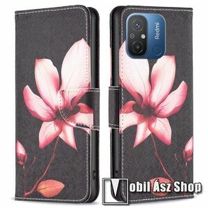 Notesz / mappa tok - RÓZSASZÍN VIRÁG MINTÁS - oldalra nyíló, rejtett mágneses záródás, bankkártyatartó zsebek, asztali tartó funkció, szilikon belső - Xiaomi Redmi 12C / Redmi 11A / Poco C55 kép