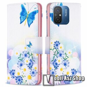 Notesz / mappa tok - PILLANGÓ / VIRÁG MINTÁS - oldalra nyíló, rejtett mágneses záródás, bankkártyatartó zsebek, asztali tartó funkció, szilikon belső - Xiaomi Redmi 12C / Redmi 11A / Poco C55 kép