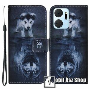 Notesz / mappa tok - KUTYA / FARKAS MINTÁS - oldalra nyíló, rejtett mágneses záródás, bankkártyatartó zsebek, asztali tartó funkció, szilikon belső - HUAWEI Honor X7a / Play7T kép