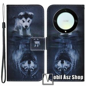 Notesz / mappa tok - KUTYA / FARKAS MINTÁS - oldalra nyíló, rejtett mágneses záródás, bankkártyatartó zsebek, asztali tartó funkció, szilikon belső - HUAWEI Honor X40 / Honor X9a / Honor Magic5 Lite kép