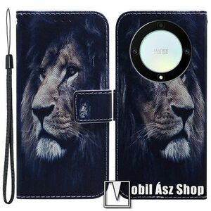 Notesz / mappa tok - OROSZLÁN MINTÁS - oldalra nyíló, rejtett mágneses záródás, bankkártyatartó zsebek, asztali tartó funkció, szilikon belső - HUAWEI Honor X40 / Honor X9a / Honor Magic5 Lite kép