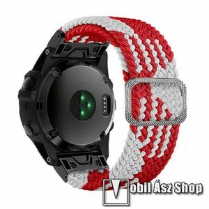 Okosóra szíj - fonott szövet, sztreccses, állítható, légáteresztő, csatos - FEHÉR / PIROS - 210mm hosszú, 22mm széles QUICKFIT - Garmin Fenix 7 / 6 / 5 / 5 Plus / Forerunner 935 / Forerunner 945 / Approach S60 / Quatix 5 / Quatix 5 Sapphire kép
