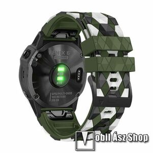 Okosóra szíj - szilikon, rombusz mintás - SÖTÉTZÖLD / FEHÉR / FEKETE - 130mm+95mm hosszú, 26mm széles QUICKFIT - Garmin Fenix ​​7X / 5X / 5X Plus / 6X / 6X Pro / Quatix 3 / Tactix 7 / Delta / Enduro / Coros Vertix 2 kép