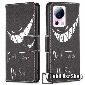 Notesz / mappa tok - Do Not Touch My Phone MINTÁS - oldalra nyíló, rejtett mágneses záródás, bankkártyatartó zsebek, asztali tartó funkció, szilikon belső - Xiaomi 13 Lite / Civi 2 kép