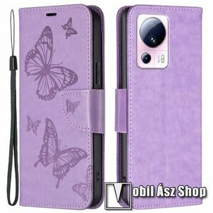 Notesz / mappa tok - GRAVÍROZOTT PILLANGÓ MINTÁS - LILA - oldalra nyíló, rejtett mágneses záródás, bankkártyatartó zseb, asztali tartó funkció, szilikon belső - Xiaomi 13 Lite / Civi 2 kép