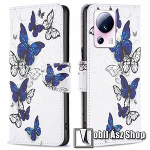 Notesz / mappa tok - KÉK / FEHÉR PILLANGÓ MINTÁS - oldalra nyíló, rejtett mágneses záródás, bankkártyatartó zsebek, asztali tartó funkció, szilikon belső - Xiaomi 13 Lite / Civi 2 kép
