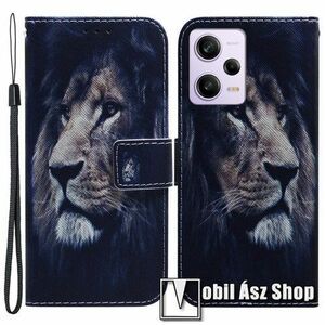 Notesz / mappa tok - OROSZLÁN MINTÁS - oldalra nyíló, rejtett mágneses záródás, bankkártyatartó zsebek, asztali tartó funkció, szilikon belső - Xiaomi Poco X5 Pro / Redmi Note 12 Pro Speed / Redmi Note 12 Pro 5G kép