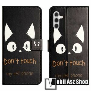 Notesz / mappa tok - Do Not Touch My Cell Phone MINTÁS - oldalra nyíló, rejtett mágneses záródás, bankkártyatartó zsebek, asztali tartó funkció, szilikon belső - SAMSUNG Galaxy A14 5G (SM-A146) / 4G (SM-A145) kép
