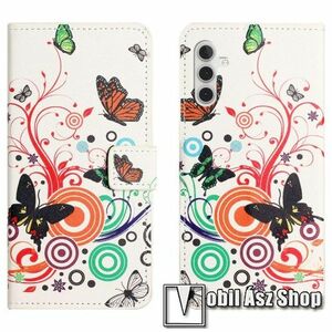 Notesz / mappa tok - VIRÁG / PILLANGÓ MINTÁS - oldalra nyíló, rejtett mágneses záródás, bankkártyatartó zsebek, asztali tartó funkció, szilikon belső - SAMSUNG Galaxy A14 5G (SM-A146) / 4G (SM-A145) kép