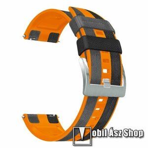 Okosóra szíj - FEKETE / SZÜRKE / NARANCSSÁRGA - szilikon / PU bőrrel bevont - 125mm + 90mm hosszú, 22mm széles - HUAWEI Watch GT 3 46mm / GT 3 Pro 46mm / Watch 3 46mm / Watch 3 Pro 48mm / SAMSUNG Watch3 45mm / Xiaomi Watch S2 / Amazfit GTR 4 46mm kép
