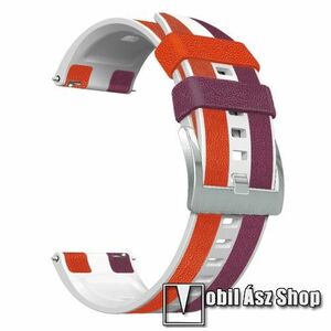 Okosóra szíj - FEHÉR / LILA / PIROS - szilikon / PU bőrrel bevont - 125mm + 90mm hosszú, 22mm széles - HUAWEI Watch GT 3 46mm / GT 3 Pro 46mm / Watch 3 46mm / Watch 3 Pro 48mm / SAMSUNG Watch3 45mm / Xiaomi Watch S2 / Amazfit GTR 4 46mm kép