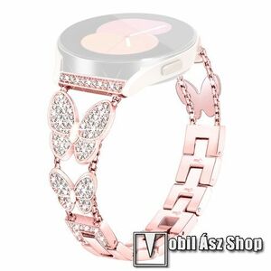 Fém okosóra szíj - ROSE GOLD - pillangóval és strasszkővel díszített, 160mm hosszú, 22mm széles - HUAWEI Watch GT 3 46mm / GT 3 Pro 46mm / Watch 3 46mm / Watch 3 Pro 48mm / SAMSUNG Watch3 45mm / Xiaomi Watch S2 / Amazfit GTR 4 46mm kép