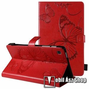 Notesz / mappa tok - GRAVÍROZOTT PILLANGÓ MINTÁS - PIROS - oldalra nyíló, bankkártyatartó zsebek, mágneses záródás, asztali tartó funkció, szilikon belső - SAMSUNG Galaxy Tab A7 Lite (SM-T220 / SM-T225) kép