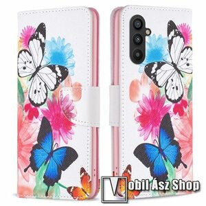 Notesz / mappa tok - VIRÁG ÉS LEPKE MINTÁS - oldalra nyíló, rejtett mágneses záródás, bankkártyatartó zsebek, asztali tartó funkció, szilikon belső - SAMSUNG Galaxy A24 4G (SM-A245F/DS) kép