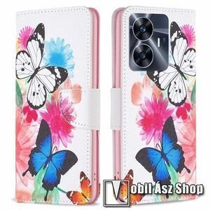 Notesz / mappa tok - VIRÁG ÉS LEPKE MINTÁS - oldalra nyíló, rejtett mágneses záródás, bankkártyatartó zsebek, asztali tartó funkció, szilikon belső - Realme C55 / narzo N55 kép